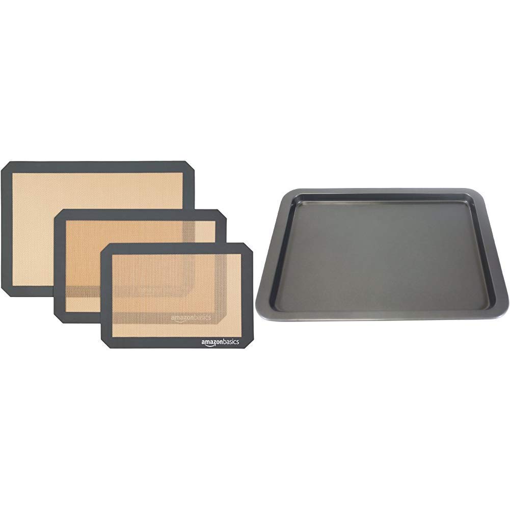 Amazon BasicsSilicone Baking Mat - 3-Piece Set & Prochef Essentials Medium Baking/Oven Tray, Premium Quality, Easy to Clean with Non-Stick Coating