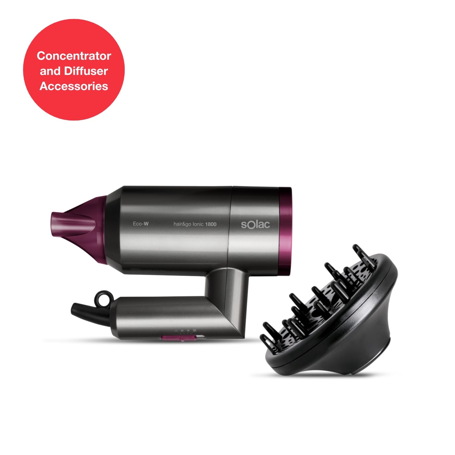 Solac Hair & Go Ionic 180, suszarka składana i ultralekka, Moc suszenia 2000W zużywająca 1800W, suszarka jonowa, 2 prędkości i 2 temperatury, kolor szary