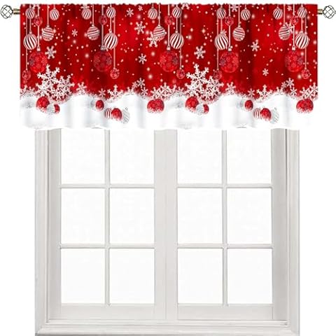 Christmas Kitchen Curtains, Red Winter Snowflakes Xmas New Year Merry Christmas Ball Rod Pocket Small Short Window Treatments Drapery for Kitchen Bathroom Cafe Living Room Bedroom, 54"x18" Inch Cover