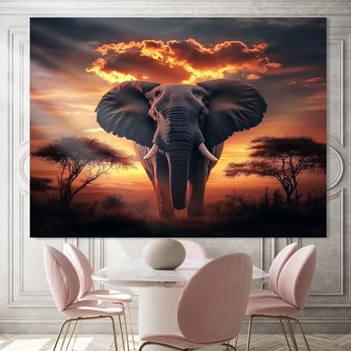 Toile murale africaine éléphant tableau coucher de soleil acacia 80 x 120