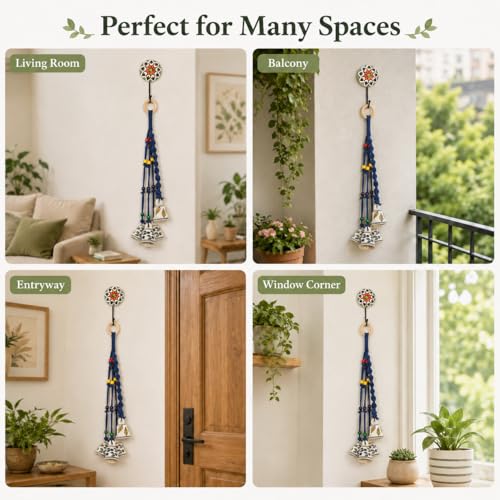 Image of KAAMERI BAZAAR Macrame Wind Chimes Enhance Living Space for Diwali (4 Bells, 1 Ring Tied with Blue Macrame Thread)