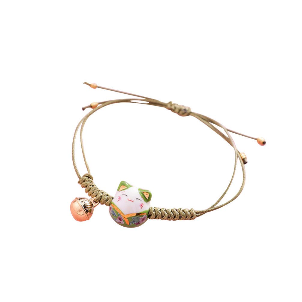 Lucky Cat Cute Feng Shui Maneki Neko String Adjustable Good Luck String Braided Beads Bell Wrist Chain New Year Birthday Mother Day (Green)