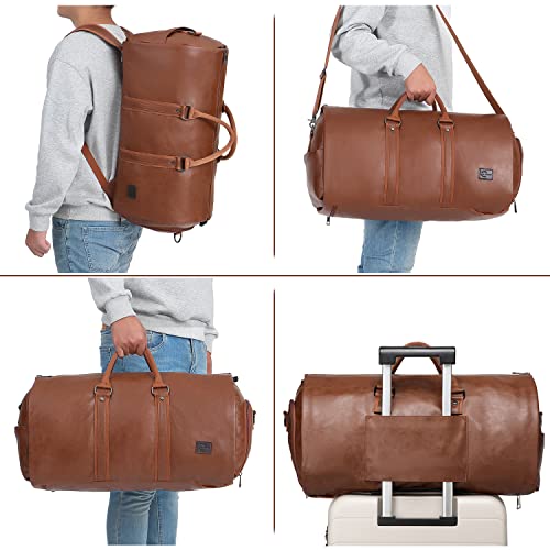 Image of Carry On Garment Backpack, Waterproof Mens Garment Bag for Travel Business, Leather Duffel Bag with Shoe Compartment -Brown