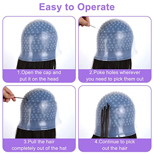 Bowinr NZNES4MF89526 5 Pieces Hair Coloring Highlighting Cap, Silicone Highlight Cap Pull Through Caps Hair Coloring Frosting Cap With Hook, Hair Highlighting Kit Gloves And Brush thumb #2