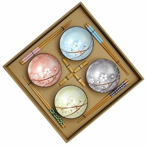 Humpti - Vajilla Japonesa 16 Piezas | Cuencos Estampados, Palillos Japoneses y Soportes | Hecho en Gres y Bambú | Apto para Lavavajillas y Microondas | Regalo Original y Elegante (Blanco)