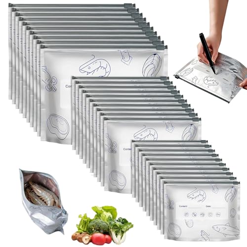 60 PCS Gefrierbeutel Zipper 3 Größen Wiederverwendbare Gefrierbeutel aus Aluminiumfolie Freezer Bags Für Lebensmittelaufbewahrung und Meeresfrüchten Fleisch Gemüse Obst