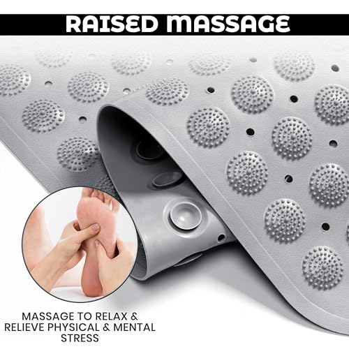 Image of Storite Rectangular Anti Skid Bath Mat with Foot Scrubber for Bath Room Shower Mat with Suction Cups & Drain Holes Silicone Floor Mat for Kids & Adults (70 X 35cm, Grey)