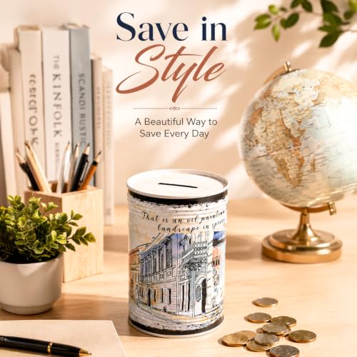 Image of MARKET 99 White Round Money Bank | Glossy Tin Coin Bank with Vintage Theme Print | Decorative Piggy Bank for Kids & Adults | Cute Metal Savings Box for Home, Office Desk, Tabletop & Birthday Gift