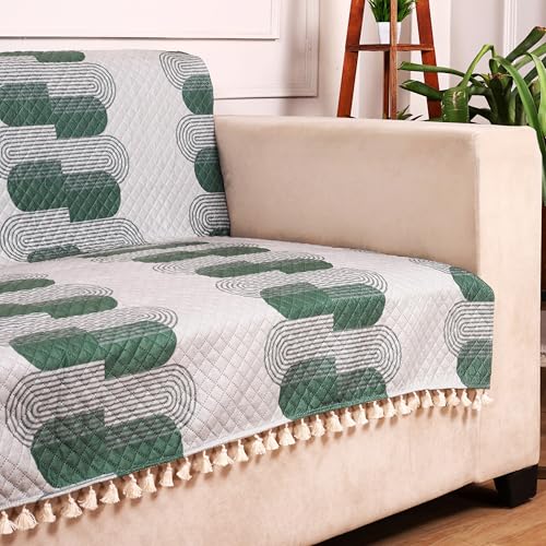 Image of STITCHNEST Quilted Velvet Sofa Cover with Tassels - 24x60 Inch, Green & White Wave Design, Soft & Elegant, Washable Sofa Protector for 1-Seater