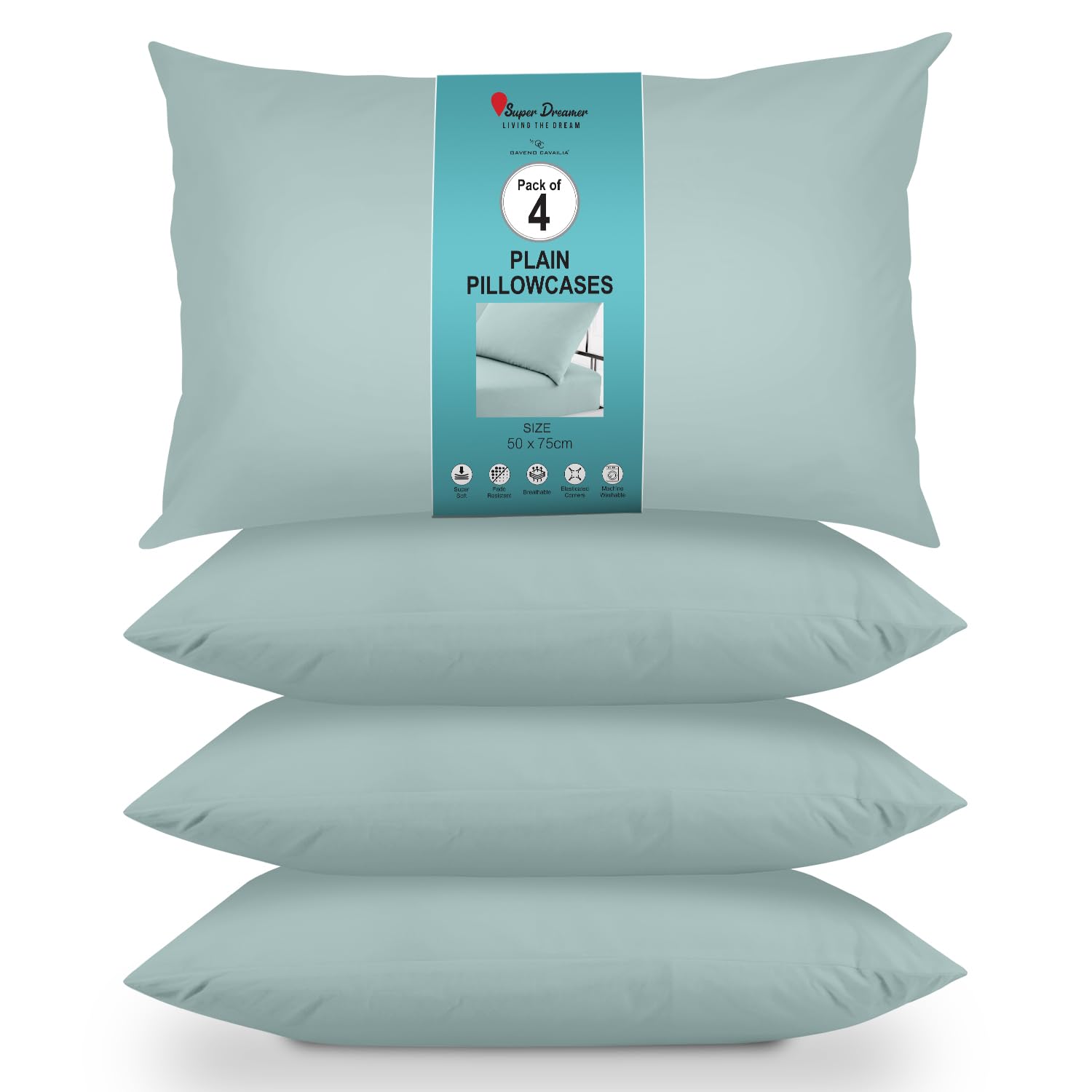 GC GAVENO CAVAILIA Housewife Pillowcases 4 Pairs - 100% Microfibre Bed Pillow - Standard Size 75x50 cm - Hypoallergenic Pillowcase - Envelope Closure - Wrinkle, Fade & Stain Resistant - Duck Egg