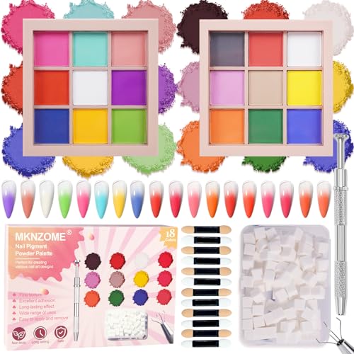 Image of 18 Colors Nail Pigment Powder Palette, Pigment Powder for Nails Set and Nail Art Sponges with Grabbing Pen, Ombre Aura Pigmentos para Unas, Nail Supplies, E+F