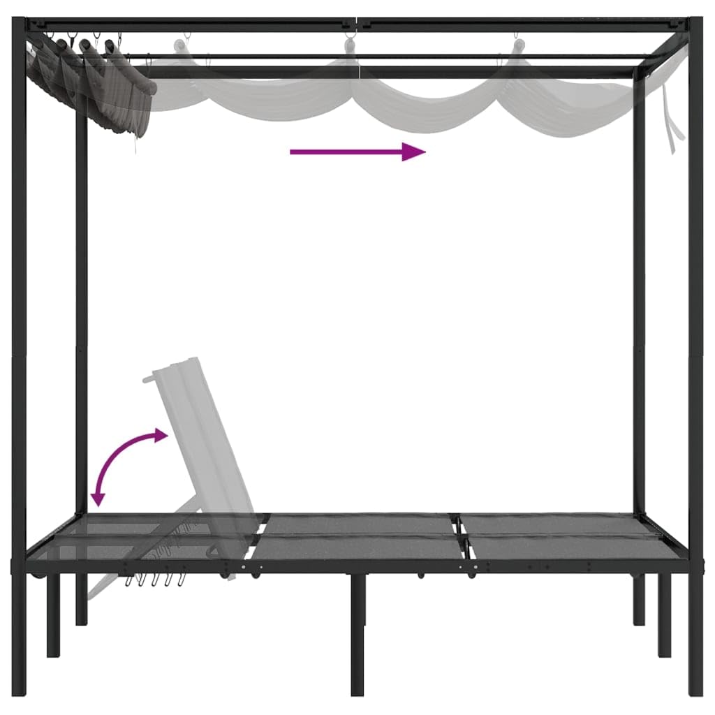 Lit de bain double avec rideaux latéraux et auvent supérieur anthracite, dossier réglable pour détente dans le jardin, piscine patio, cadre stable en acier peint