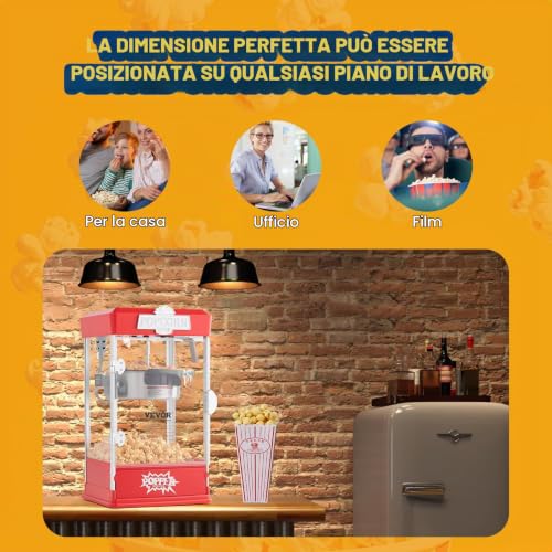 VEVOR Macchina per popcorn da 480 W, dispositivo elettrico per popcorn, ciotola grande da 113 g per set da 5,7 l, con vetro temperato, 3 cucchiai, cinema, per feste, negozio di feste, negozio serale - Immagine 3