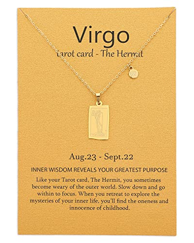 14k Gold Plated Zodiac Sign with Tarot Card Pendant Necklace Birthday Gift for Women