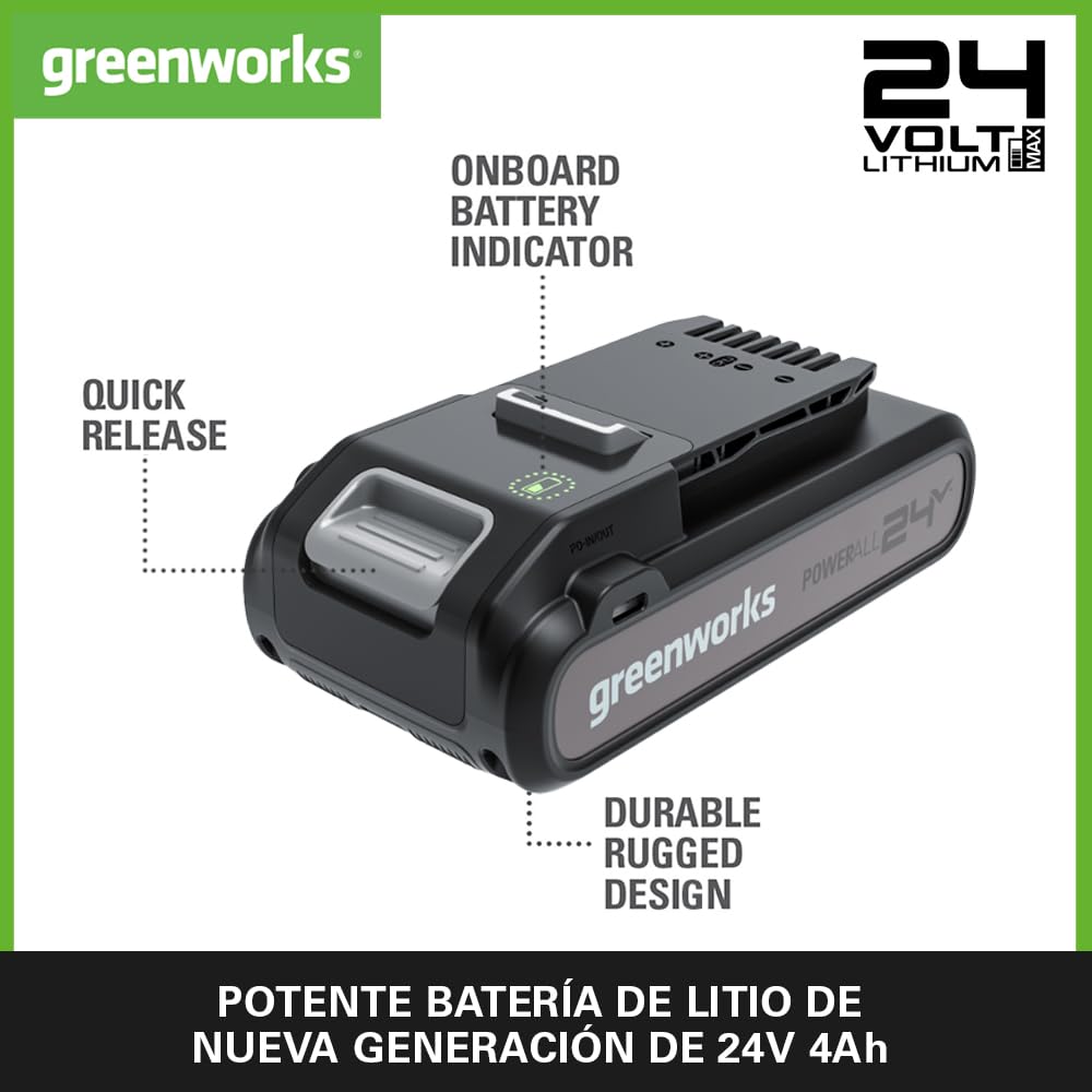 Greenworks Batería de 24 V y banco de energía tipo C. Batería original para todas las herramientas inalámbricas de jardín y eléctricas de 24 V. Potente batería de iones de litio, carga rápida