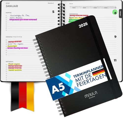 Terminplaner 2026 A5 – Kalender 2026 Buchkalender – Wochenplaner für Termine & Organisation – Planer Minimalist – Praktischer Terminkalender Jan - Dez 2026 mit Deutschen Feiertagen - Klimafreundlich