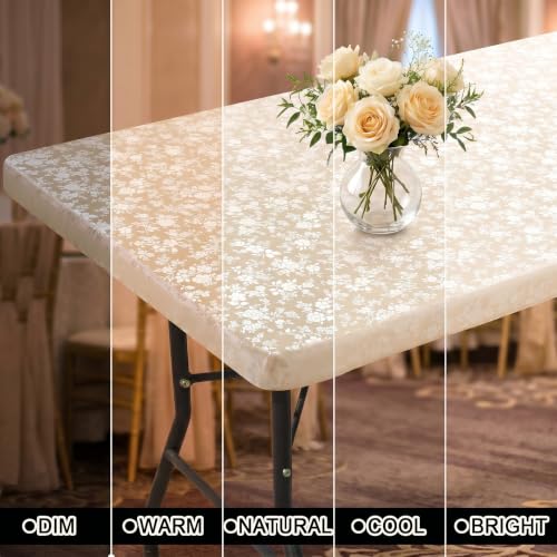 Image of Smiry Heavy Duty Vinyl Fitted Tablecloths for 6 Foot Rectangle Tables | Elastic Waterproof Fitted Tablecloths, Wipeable Washable Table Cover for Kitchen, Dining, Camping (Beige, 30 inch x 72 inch)