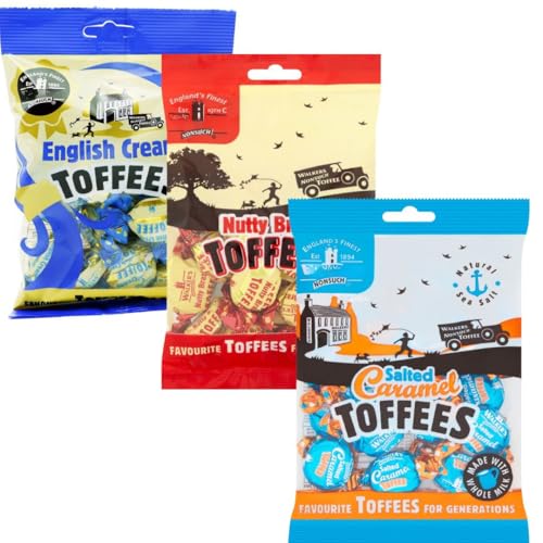 Walkers Assorted Toffees Retro Sweets Variety Pack | English Creamy Nutty Brazil & Salted Caramel Toffee Mix | Traditional British Nostalgic Treats | Individually Wrapped (3-Pack Bags)