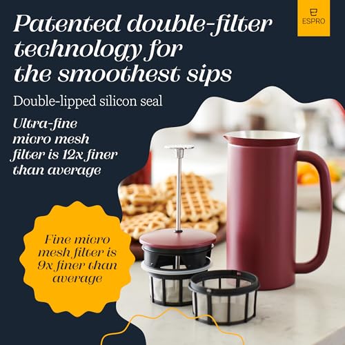 Image of ESPRO Pro P7 French Press Coffee Maker - Double-Walled Stainless Steel Insulated with Micro-Filter - Cranberry, 32oz