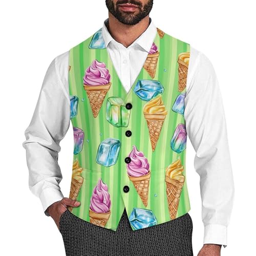 Ice Cream Green Stripes Trendy Vest Suit for Men V Neck Formal Dress Waistcoat Vests Business Slim Fit