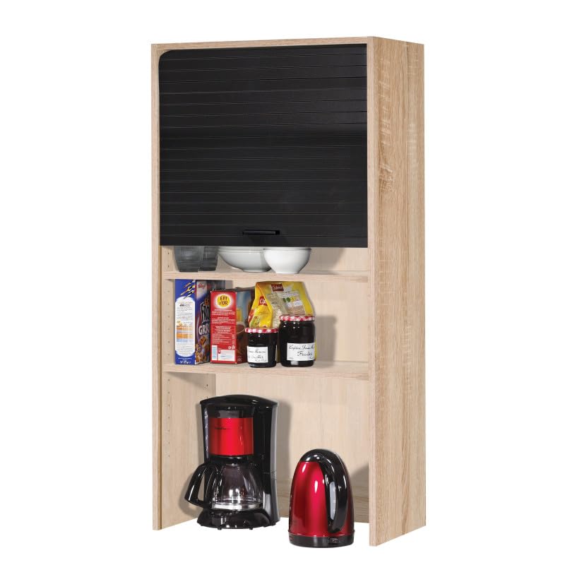 SIMMOB Meuble Haut de Cuisine Chêne Rideau Noir 4 Niches 60 x 124 x 35 cm