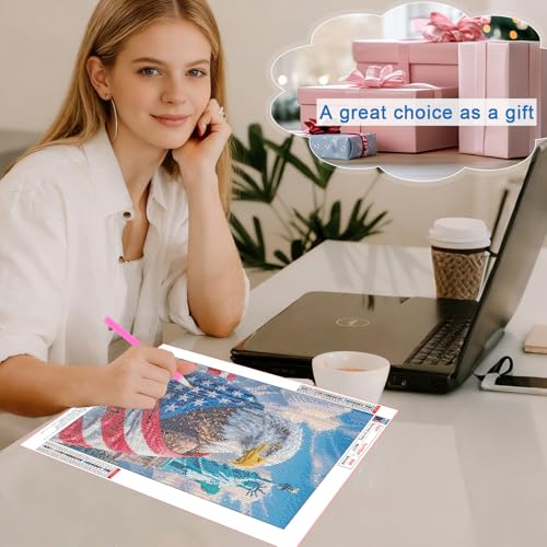 Image of 4th of July DIY 5D Diamond Painting Kits for Adults, American Flag Eagle Diamond Art Kits for Adults, Statue of Liberty DIY Full Drill Round Diamond Painting Patriotic Wall Decor 12x16 Inch