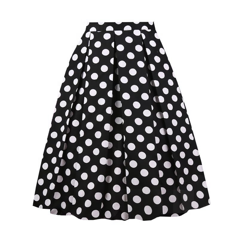 Womens 50s Poodle Skirts Vintage High Waist Swing A-Line Polka Dot Skirt 1950s Pleated Party Skirts Black Small