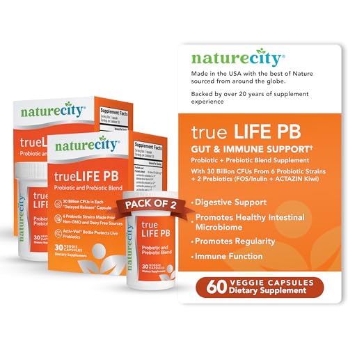 Image of NatureCity True-Life-PB Shelf Stable Blend Prebiotics and Probiotics for Women and Men - Digestive Gut Health Supplements for Women and Men - Dairy Free - (60 Veggie Capsules)