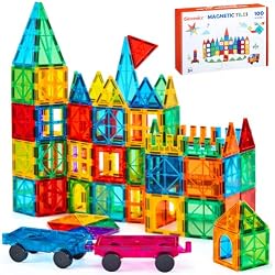 Gemmicc 100 PCS Magnetic Tiles with 2 Cars, STEM Approved Educational Magnet BuildingToys, Magnet Puzzles Stacking Blocks for Boys Girls