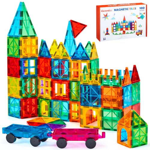 Gemmicc Baldosas Magnéticas 100 Piezas con 2 Coches, Juguete Educativo Stem, Bloques Magnéticos de Construcción para Niñ