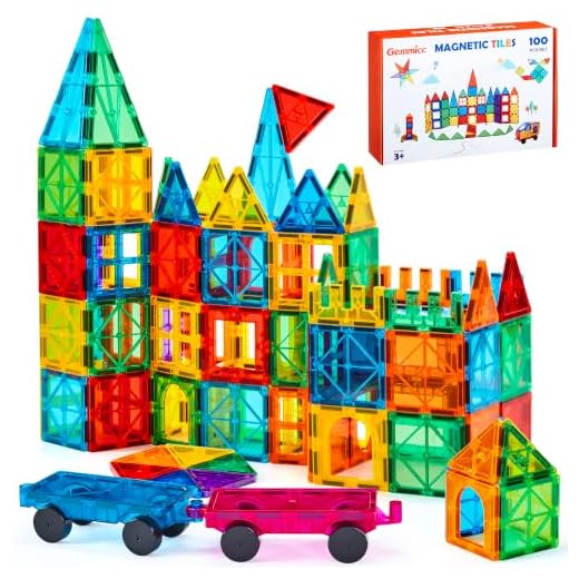 Magnetic Tiles Building Blocks, Magnet Toys for Kids, STEM Approved Educational Toys,3D Magnet Puzzles Stacking Blocks for Boys Girls,100 PCS Advanced Set with 2 Cars…