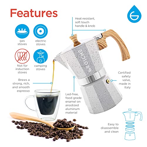 Image of GROSCHE Milano Moka pot, Stovetop Espresso maker, Greca Coffee Maker, Stovetop coffee maker and espresso maker percolator (Grey, 6 cup)
