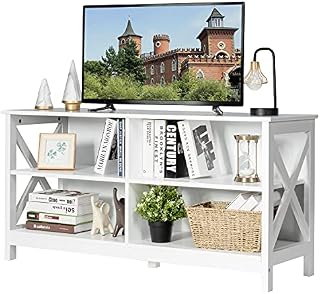 COSTWAY TV Stand for TVs up to 55 Inches, Wooden TV Cabinet Media Entertainment Center with Storage Shelves, Home Living Room Bedroom Furniture Console Table (White)