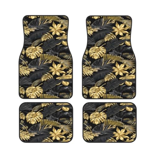 Alfombrillas de coche negras y doradas con hojas tropicales set de 4 piezas de neopreno