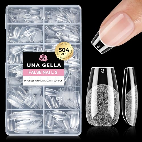 UNA GELLA Short Coffin Nails Tips, 504pcs No c Curve short Coffin Gel Press On Nails Pre Etched For Women Acrylic Nail Extension Full Cover Home Salon 12 Sizes