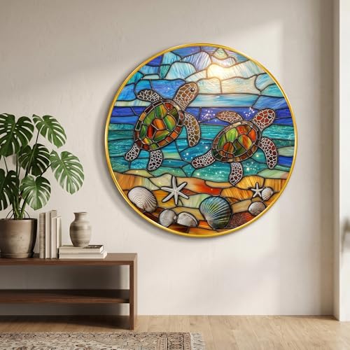 Image of SAF Sea Turtle Wall Painting with Golden PVC Frame Round Ocean Art Colorful Marine Theme Decor for Living Room Bedroom Office Home Decorative Luxury Gift Item (16 x 16 Inch) GRM-357