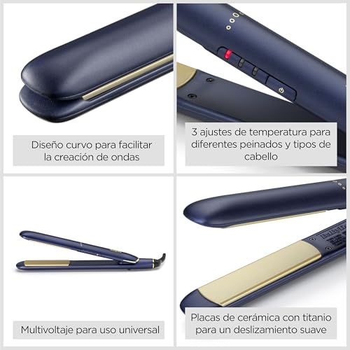 BaByliss Plancha de Pelo Midnight Luxe - Placas flotantes de cerámica con titanio, Deslizamiento suave, Calentamiento rápido en 30 s, 3 ajustes de calor hasta 235°C, Multivoltaje, Azul, 2516PE