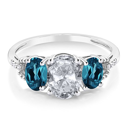 Gem Stone King 10K White Gold Oval White Topaz London Blue Topaz and Diamond Accent 3-Stone Engagement Ring | 2.35 Cttw | Gemstone Birthstone | Available In Size 5, 6, 7, 8, 92
