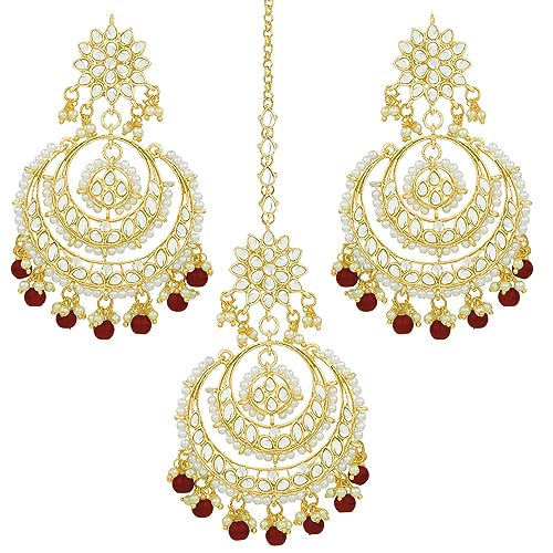 Image of Peora Traditional Jewellery Rhodium Kundan & Pearl Maang Tikka Earring Set for Women Girls