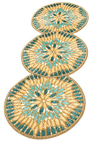 Handmade Beaded Table Runners Placemats, 13X36 Inches Teal Ivory Gold Multi, Halloween Harvest Autumn Fall Thanksgiving Holiday Christmas Xmas Celebration Festive Party Tabletop Décor Tablerunner #TOP5