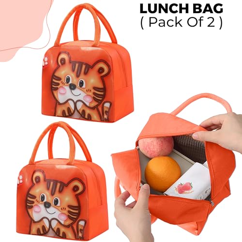 Image of Kraptick Printed Lunch Bag - Insulated Travel Tiffin Bag for Kids & Adults, Reusable Lunch Bag for Office, School Meal Organizer (Orange Tiger) (Pack of 2)
