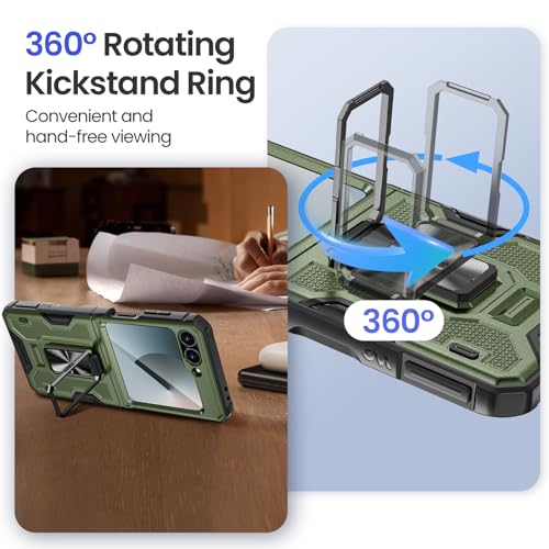Image of VEGO for Samsung Flip 6 Case with Hinge Protect, Built-in Screen Protector | 360Magnetic Ring Stand Protective Phone Cover Drop Shock Proof for Samsung Galaxy Z Flip 6 5G - Green