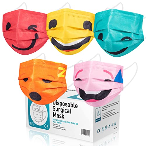 Rousig Masque Couleur Jetable Adulte, 50 pièces Type II R Certifié CE Masques Noir/Rose/Violet/Balle/Noël Imprimé Filtrant À 95%, 3 Couches de Protection Respirant, Confortable et élastiques (Orange) Cover