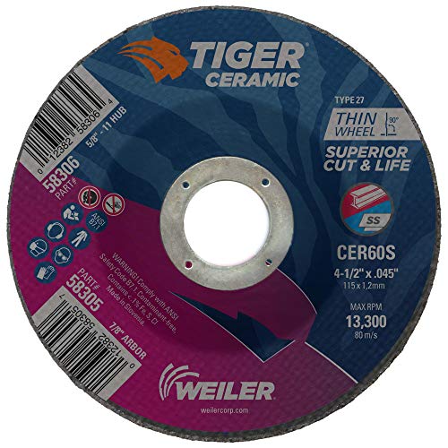 Image of Weiler 58305 4-1 /2 Inch Cutting Wheel, Tiger Ceramic Stainless Steel Superior Life & Cut Contaminant Free Max Performance Cutting, .045 inch CER60S Type 27 7 /8 inch Arbor, Pack of 25