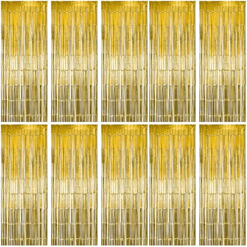 Image of 10 Pack Gold Fringe Curtain Party Backdrop, Gold Tinsel Backdrop, Decoration Supplies for Birthday, Holidays, Parties & More