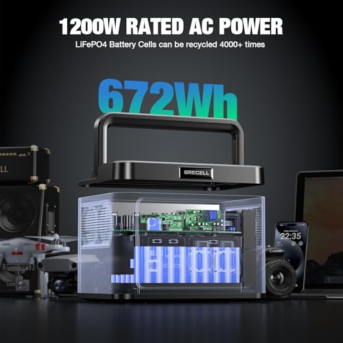 Image of GRECELL H1200 Portable Power Station 1200W, 672Wh LiFePO4 Battery Solar Generator with 10ms UPS, 1200W Solar Power Station, 9 Output Ports for Home Emergency, Outdoor Camping, RV Travel, Laptop TV