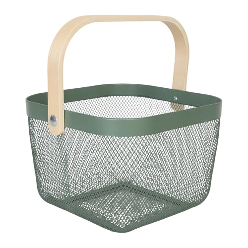 Relaxdays Panier Rangement, avec Anse, pour vêtement, décorations, Acier et Bois, Panier à ustensiles, HlP 17,5x26x24,5