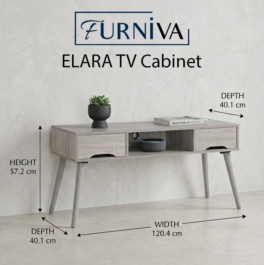 Image of Elara TV Unit Engineered Wood Cabinet with Solid Wood Legs | Scandinavian Modern Design with Spacious Storage | Dual Drawer Entertainment Console - Columbia Oak