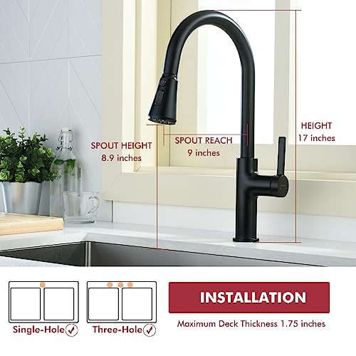 Lavatrum Kitchen Faucet With Pull Down Sprayer Matte Black, 17 Inches Extended Body Single Handle High Arc Kitchen Sink Faucet With 3-Function Sprayer, Faucet For Kitchen Sink, Grifos De Cocina #TOP6