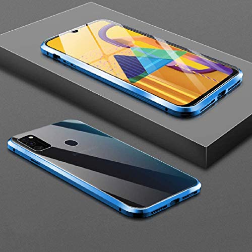 Image of shokproof Magnetic Metal Frame Bumper Glass Back Case Cover for Samsung Galaxy M31 - Blue